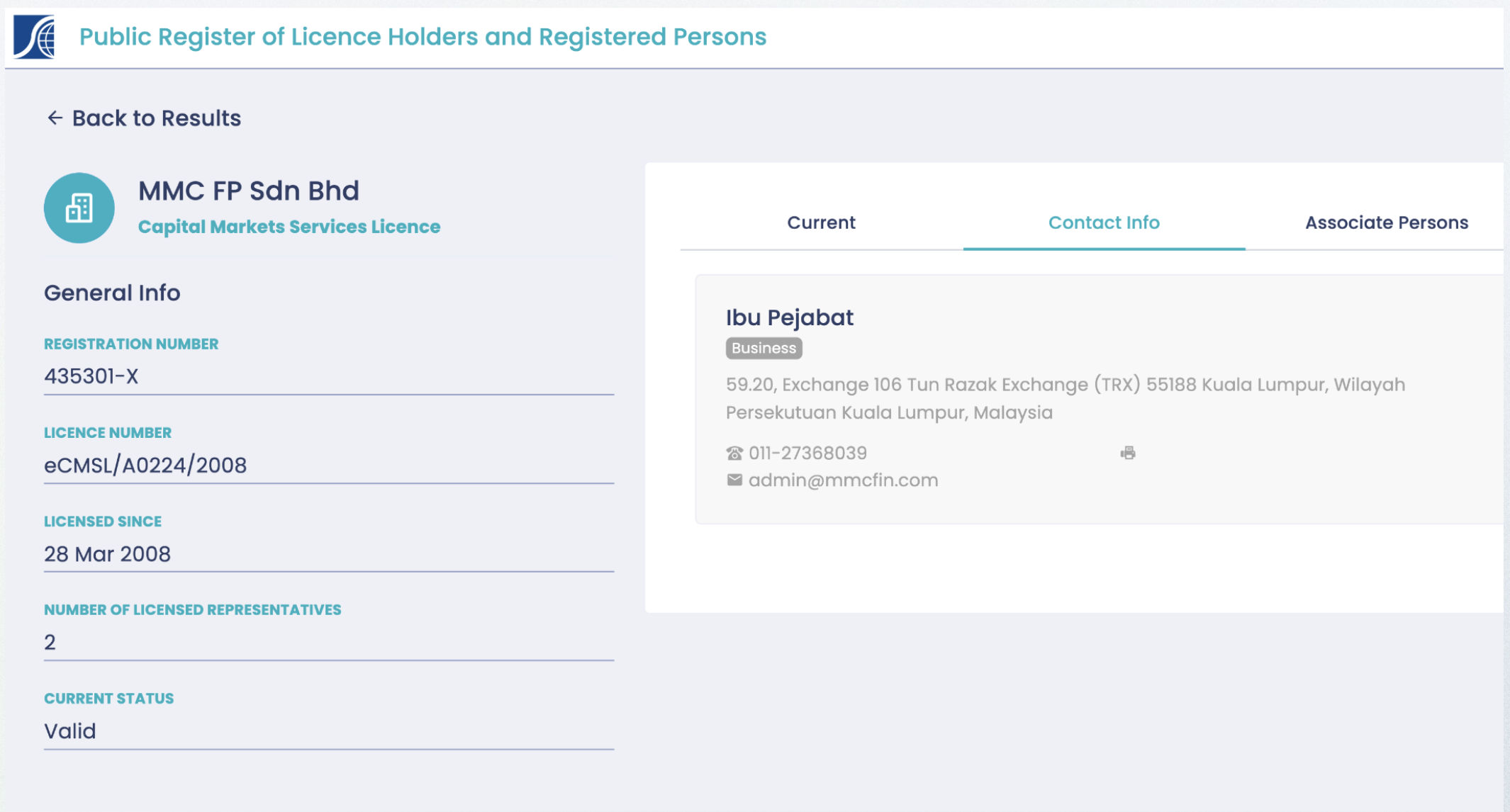 MMC FP record on the Securities Commission Malaysia official register